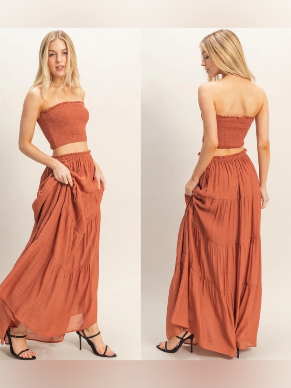NEW HYFVE Rust Smocked Tube Top & Tiered Maxi Skirt Set Size Large - Picture 6 of 7
